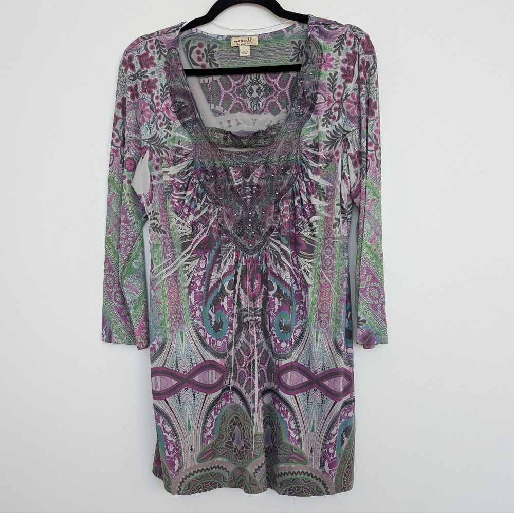 OneWorld Multicolor Boho Paisley Patterned Stretchy Longline Tunic Blouse Sz L